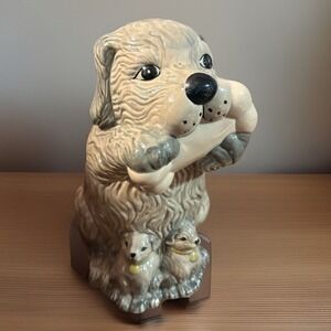 Vintage Porcelain Ceramic Dog Holding Bone with Adorable Puppies 10" Tall
